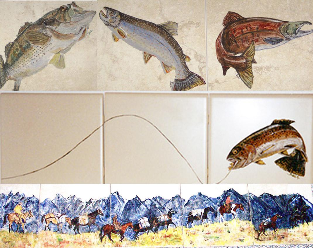 Tiles of Fish and tiles of a hunting party installed in a fireplace